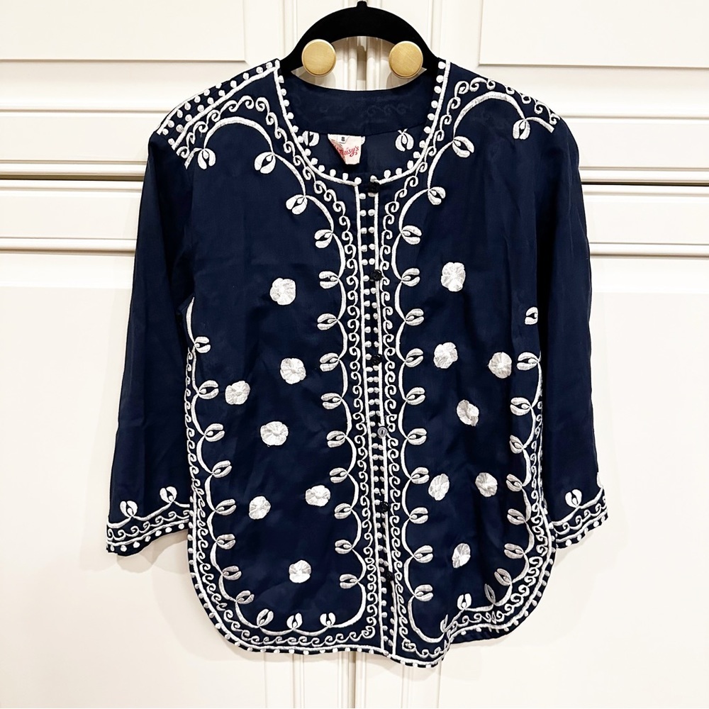 Vintage Women’s Daisy’s Navy Cotton Blend Embroidered Boho Tunic Button Front 8